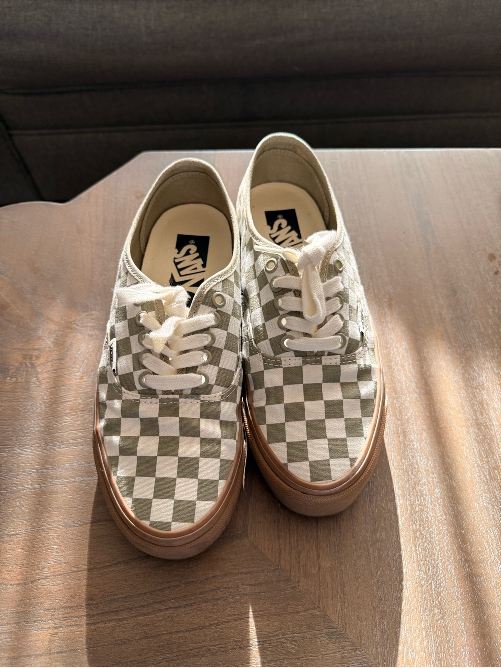 Vans Olive and White Checkerboard Low-Top Sneakers with Brown Gum Sole